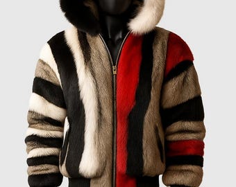 Luxury Faux Fur Hooded Jacket: Multicolor Striped Bomber Coat