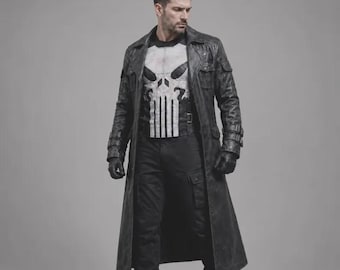 メンズ ブラックレザー トレンチコートとスカルベスト | パニッシャー風コスプレ衣装