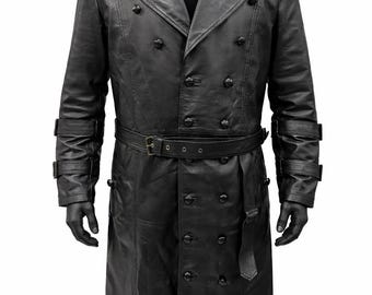 Black Real Leather Hooded Trench Coat: Button Closure