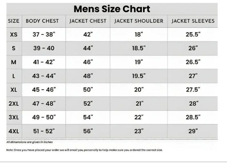 May include: A size chart for men's jackets, with measurements in inches. The chart includes sizes XS to 4XL, detailing body chest, jacket chest, shoulder, and sleeve lengths. The text at the bottom states that all dimensions are given in inches.