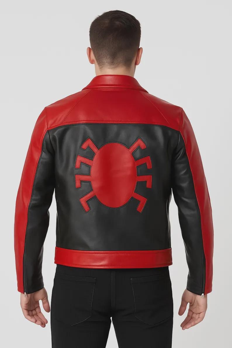 May include: Red and black leather jacket with a spider emblem on the back. The jacket features a red collar, shoulders, and lower back panel, with black on the sleeves and upper back. The zipper is visible on the sleeves.
