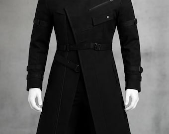ハンドメイドのブラックコットンサイバーパンクロングコート：ゴシックテックウェア