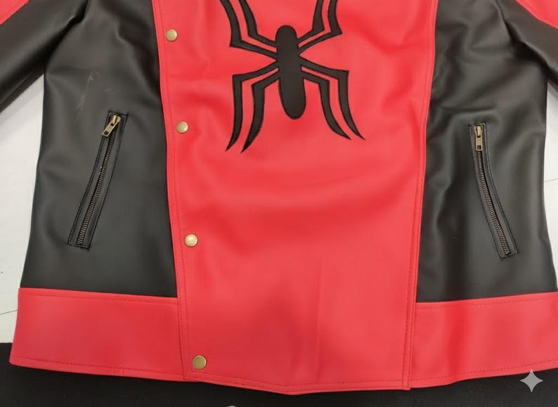 May include: Red and black jacket with a black spider emblem on the chest. The jacket has a red body with black sleeves and side panels. Features include gold-colored snap closures and zippered pockets.