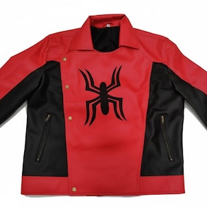 May include: Red and black jacket with a black spider emblem on the front. The jacket has a collared neckline, zipper pockets, and gold-colored snap closures. The sleeves are red, and the sides are black.