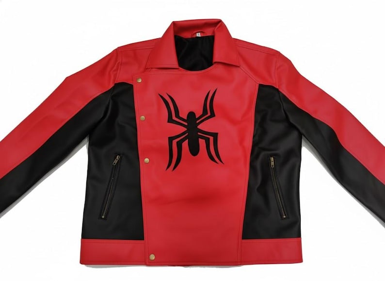 May include: Red and black jacket with a black spider emblem on the front. The jacket has a collared neckline, zipper pockets, and gold-colored snap closures. The sleeves are red, and the sides are black.