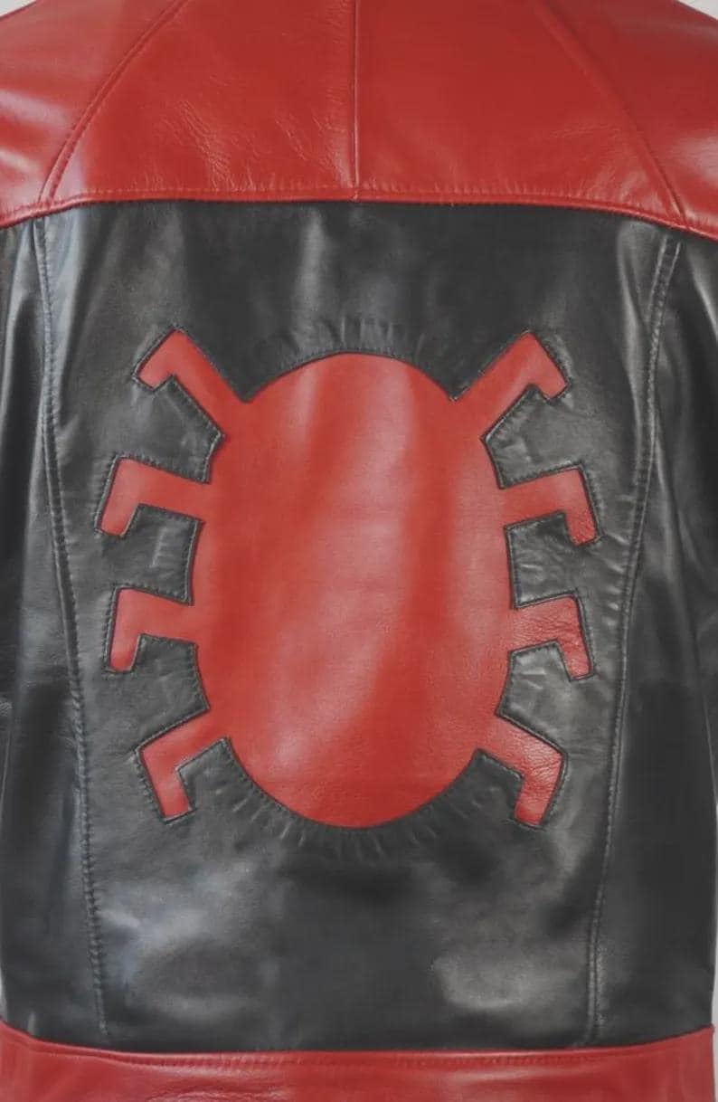 May include: Black and red leather jacket with a large red spider emblem on the back. The jacket features a red upper back and collar, with black leather on the lower back and sleeves. A stylish outerwear piece.