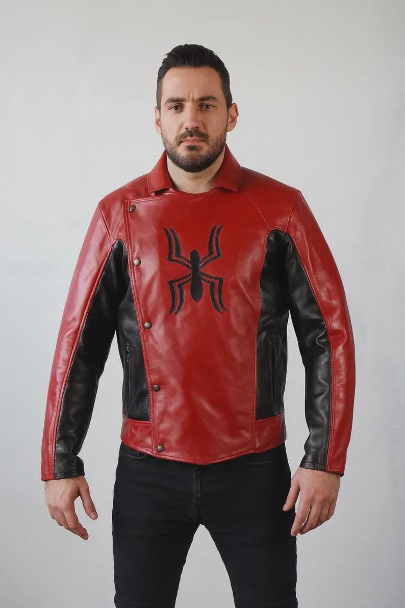 May include: A red and black leather jacket with a unique spider emblem on the chest. The jacket features a button closure and black panels on the sides and sleeves. The jacket is a stylish outerwear piece.