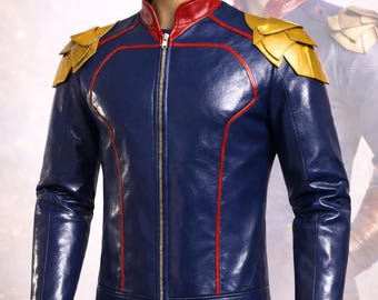 Homelander Leather Jacket, The Boys Cosplay Blue Superhero Coat, Gold Eagle Pauldrons Biker