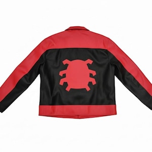 May include: A red and black jacket with a large red spider emblem on the back. The jacket features a collared neckline and long sleeves. The back panel is black with a red spider design.