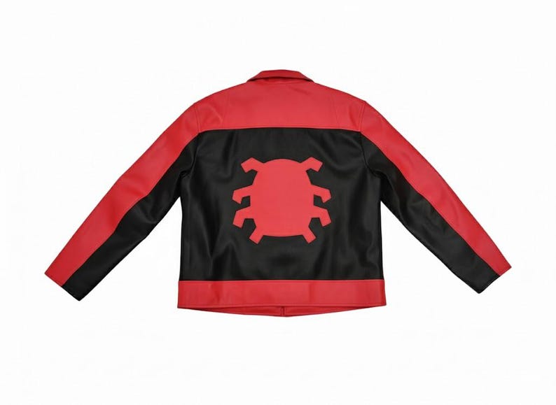 May include: A red and black jacket with a large red spider emblem on the back. The jacket features a collared neckline and long sleeves. The back panel is black with a red spider design.
