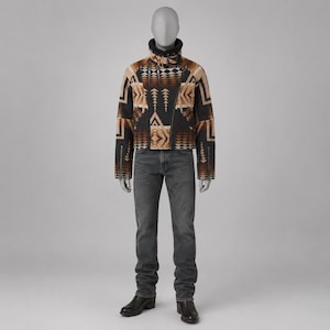 May include: A jacket featuring a geometric pattern in shades of brown, tan, and black with a high collar and long sleeves, paired with dark gray denim jeans and black leather boots. The jacket has a diagonal front zipper and zippered cuffs.