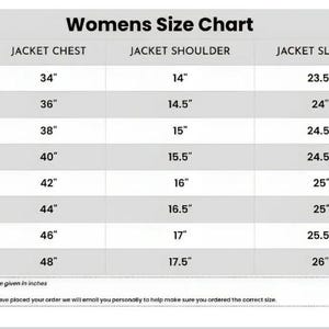 May include: A size chart for women's jackets, with measurements in inches. The chart includes jacket chest, shoulder, and sleeve dimensions for sizes XS to 4XL. The text "Womens Size Chart" is at the top.