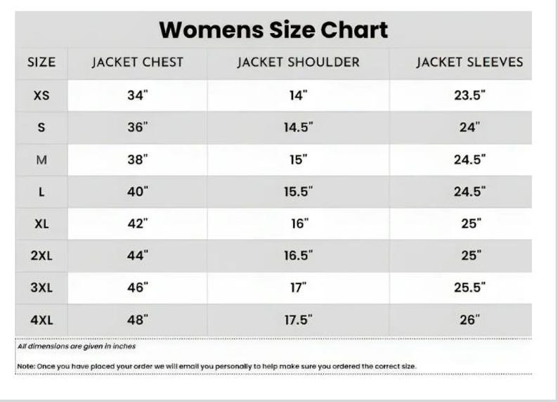May include: A size chart for women's jackets, with measurements in inches. The chart includes jacket chest, shoulder, and sleeve dimensions for sizes XS to 4XL. The text "Womens Size Chart" is at the top.
