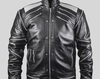 Handmade Michael Jackson Beat It Black Leather Jacket – MJ Inspired Black Concert Costume
