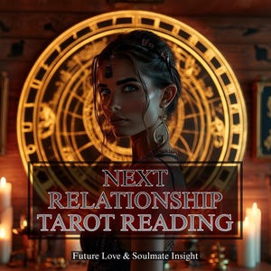 Puede incluir: Imagen de una mujer con cabello oscuro y ojos azules, adornada con joyas, sobre un fondo de diseño circular dorado. La superposición de texto dice "NEXT RELATIONSHIP TAROT READING" y "Future Love & Soulmate Insight".