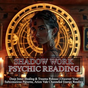 Op de afbeelding: Een vrouw met donker haar en blauwe ogen staat voor een gouden, cirkelvormig ontwerp. De tekst "SHADOW WORK PSYCHIC READING" wordt weergegeven in een rechthoekig kader. De afbeelding bevat ook tekst over innerlijke genezing en traumaverwerking.