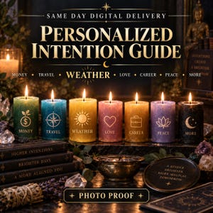 May include: Seven pillar candles in green, blue, yellow, pink, orange, purple, and black, each featuring a gold icon and label: Money, Travel, Weather, Love, Career, Peace, and More. The text reads Personalized Intention Guide and Photo Proof.