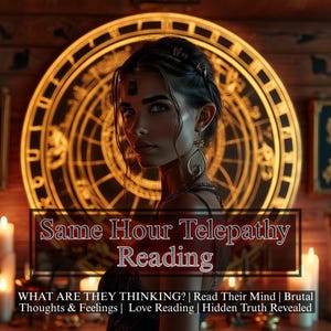 Puede incluir: Una mujer con cabello oscuro y ojos azules está frente a un diseño circular dorado. El texto "Same Hour Telepathy Reading" se muestra en un cuadro rectangular. El texto adicional incluye "What are they thinking?" y "Read their mind."