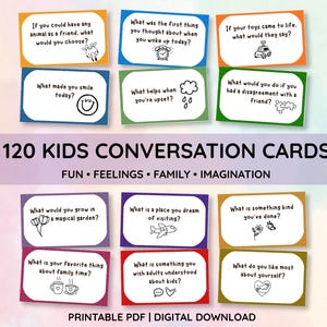 Peut inclure: Un ensemble de 120 cartes de conversation pour enfants avec des bordures colorées, du texte noir et des illustrations au trait. Les cartes posent des questions sur les sentiments, la famille et l'imagination, titrées 120 KIDS CONVERSATION CARDS.