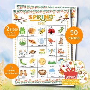 Może przedstawiać: Gra w bingo wiosenne z kolorowymi ilustracjami o tematyce wiosennej, takimi jak żaba, ślimak i biedronka. Gra zawiera 50 kart i dodatkową grę w dopasowywanie kart. Dostępne w 2 rozmiarach, jest to plik do pobrania cyfrowego.