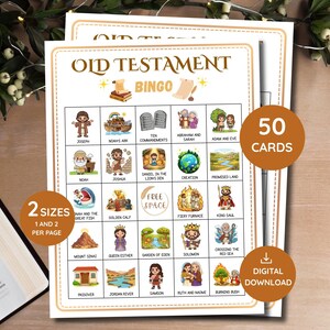 May include: Two bingo cards with an Old Testament theme. The cards feature illustrations of biblical stories and characters, including Joseph, Noah's Ark, and the Ten Commandments. The cards are labeled with the text "Old Testament Bingo", "50 Cards", "2 Sizes", and "Digital Download".