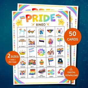 Op de afbeelding: Pride Bingo-spelkaarten met een regenboogontwerp. De kaarten bevatten verschillende Pride-gerelateerde afbeeldingen en woorden, waaronder "Headband", "Sunglasses" en "Celebration". De afbeelding bevat ook de tekst "50 kaarten" en "Digitale download".