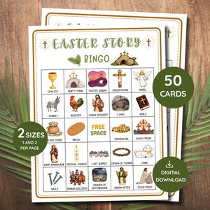 May include: Easter Story Bingo cards with religious illustrations. The cards feature images of a chalice, empty tomb, and angel, with text that reads "50 Cards" and "Digital Download". The bingo cards are available in 2 sizes.