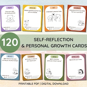 May include: A set of 120 self-reflection and personal growth cards featuring colorful borders and cute animal illustrations. Each card includes a prompt, a space for reflection, and a mood tracker. The text reads 120 SELF-REFLECTION & PERSONAL GROWTH CARDS.