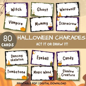 Halloween Charades Printable, 80 Cards, Act It or Draw It Game, Halloween Party Game for Kids, Classroom & Family Game Night