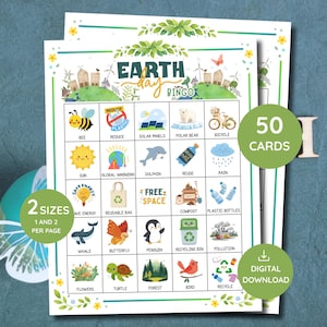 May include: Earth Day Bingo cards with colorful illustrations of environmental themes. The cards feature images of a bee, sun, whale, and recycling bin, with the text "Earth Day Bingo" at the top. Includes 50 cards and a digital download.