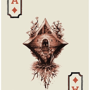 Op de afbeelding: Speelkaart, ruiten aas, met een sepia-getinte illustratie van een vestingachtige structuur. De kaart heeft de letter "A" en ruit symbolen in zwart en rood, met een ster in de linker benedenhoek.