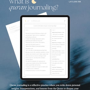 May include: A digital tablet displays text about Quran journaling, with the title "What is quran journaling?" and the Layluna Ink logo. The screen shows detailed information about the practice, including key verses and reflections. A notepad is visible in the background.