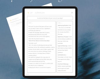 May include: A digital tablet displays text about Quran journaling, with the title "What is quran journaling?" and the Layluna Ink logo. The screen shows detailed information about the practice, including key verses and reflections. A notepad is visible in the background.