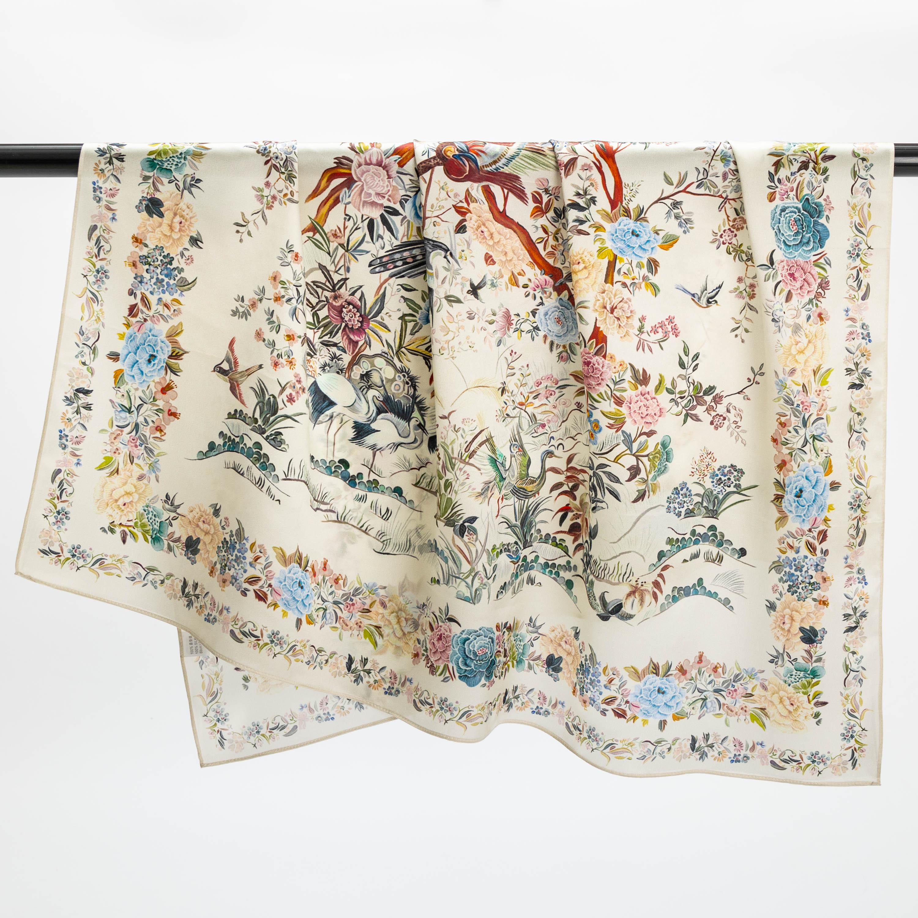 100% Mulberry Silk Scarf, Large Floral Print Headscarf, Neck Hair Accessory 35in/90x90cm