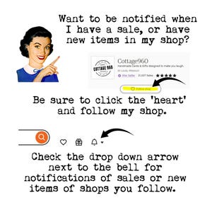 Puede incluir: Imagen con texto: "&iquest;Quieres ser notificado cuando tenga una venta o nuevos art&iacute;culos en mi tienda?" y "Aseg&uacute;rate de hacer clic en el 'coraz&oacute;n' y seguir mi tienda." Incluye un logotipo de la tienda e instrucciones.