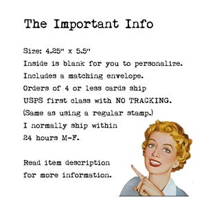 May include: A white background with the text "The Important Info" in black. The text includes the size of the card, 4.25" x 5.5", and other details. A vintage illustration of a woman with blonde hair is in the bottom right corner.