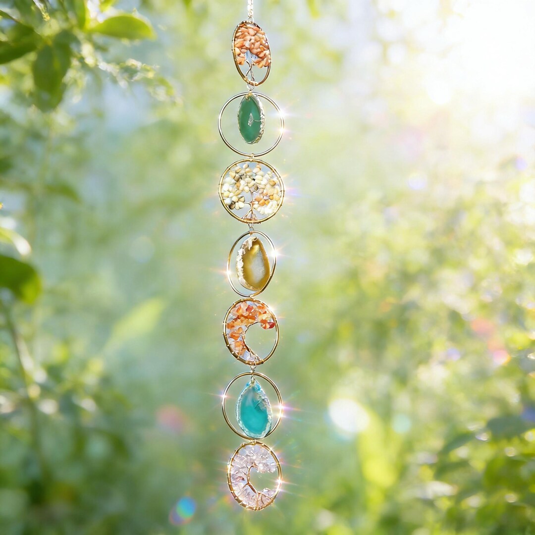 Seven Deocr Seven Chakra Agate Chip Charm, Garden Decor Window Sill Pendant ...