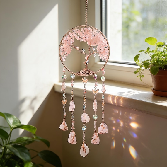 Pink Crystal Tree of Life Suncatcher, Garden Window Decoration Pendant, Handmade Crafts Crystal Pendant, Bohemian Spiritual Home Accessories