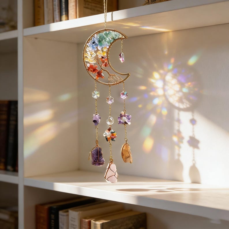May include: A decorative moon-shaped suncatcher with a gold-colored frame, adorned with colorful crystals and gemstones. The suncatcher features a crescent moon design with hanging crystal accents and a gold chain for hanging. The crystals include amethyst, rose quartz, and other colorful stones.