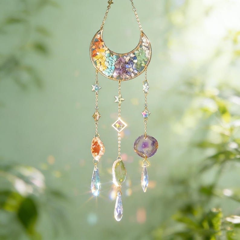 Pu&ograve; includere: Un ornamento sospeso a tema celeste con una luna a mezzaluna dorata piena di fiori secchi colorati. Catene con stelle, diamanti e cristalli a forma di goccia, e pendenti di pietre preziose pendono dalla luna. Lo sfondo &egrave; verde tenue.