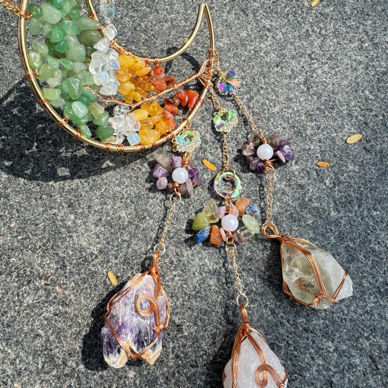 Moon Rainbow Crystal Suncatcher Moonstone Tree of Life Colourful Window Decoration Pendant Healing Crystal Decor Spiritual Home Decor image 2