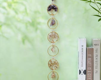 Natural Crystal Seven Chakra Agate Chip Charm, Handmade Suncatcher, Amethyst Tree of Life Window Sill Pendant, Bohemian Home Decor