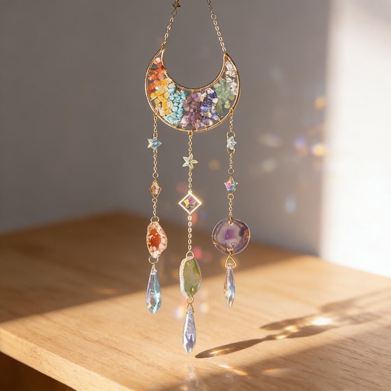 Crystal Suncatcher Colourful Moon Rainbow Window Decor Hanging Healing Crystal Decor Bohemian Suncatcher Spiritual Home Decor Gift For Her