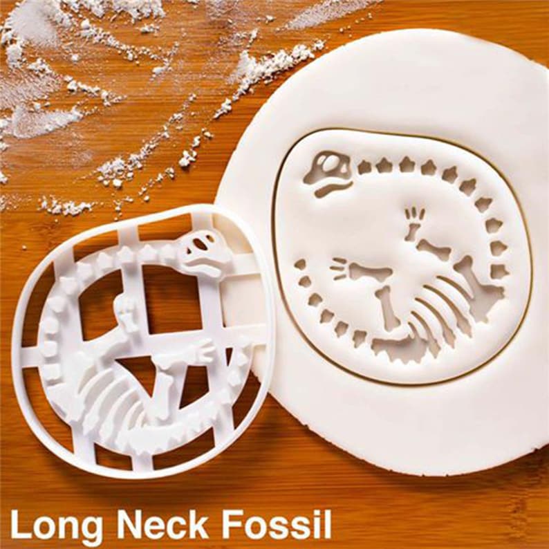 May include: White plastic cookie cutter and imprint of a dinosaur fossil. The cutter is a cage-like structure, and the imprint shows the fossil's details. The text "Long Neck Fossil" is at the bottom of the image.