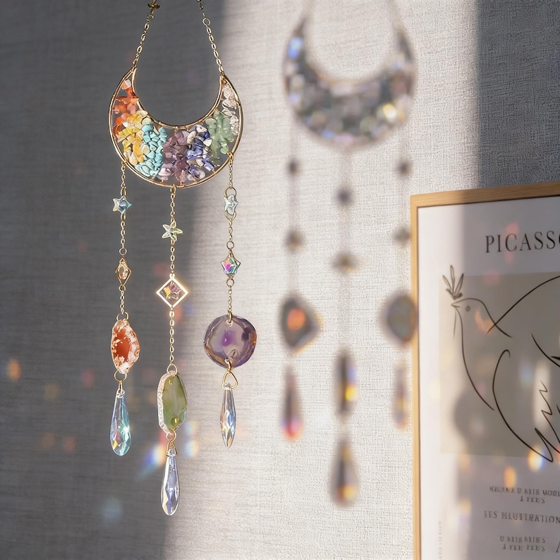 Pu&ograve; includere: Un acchiappasole decorativo a forma di mezzaluna riempita di pietre preziose colorate. L'acchiappasole &egrave; appeso a una catena dorata e presenta accenti di cristallo pendenti in varie forme e colori, tra cui stelle e gocce.
