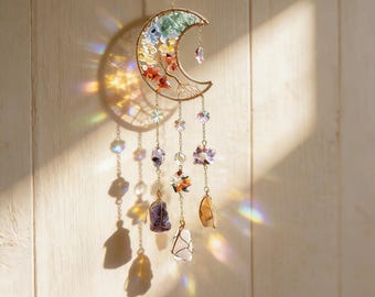 Cattura-luce arcobaleno in cristallo e pietra di luna Albero della vita in pietra di luna Ornamenti colorati da appendere alla finestra Deco