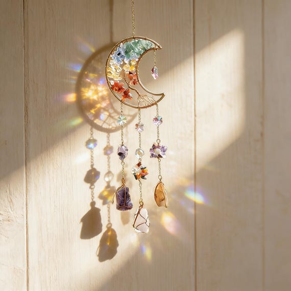 Moon Rainbow Crystal Suncatcher Moonstone Tree of Life Colourful Window Decoration Pendant Healing Crystal Decor Spiritual Home Decor