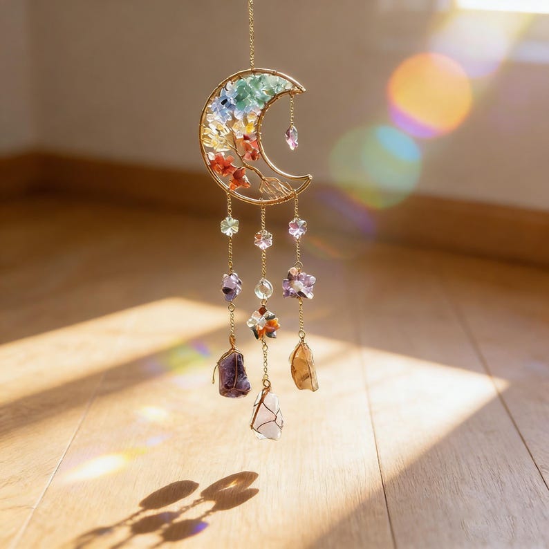 May include: A gold-colored crescent moon-shaped wall hanging with colorful gemstones and crystals. The moon features a rainbow of colors and is adorned with hanging crystals and floral accents. The decorative piece is suspended by a delicate chain.