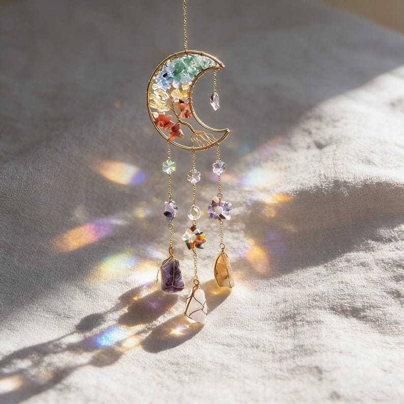 May include: A gold-colored crescent moon suncatcher with colorful gemstone accents. The moon features a rainbow of small stones and dangling crystals. The suncatcher hangs from a delicate chain and has several strands of crystals and gemstones.