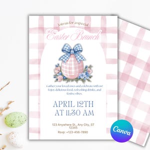 Easter Brunch Invitation, Editable Canva, Pink Stripe Design, Floral Egg with Blue Bow, Mobile & Print
